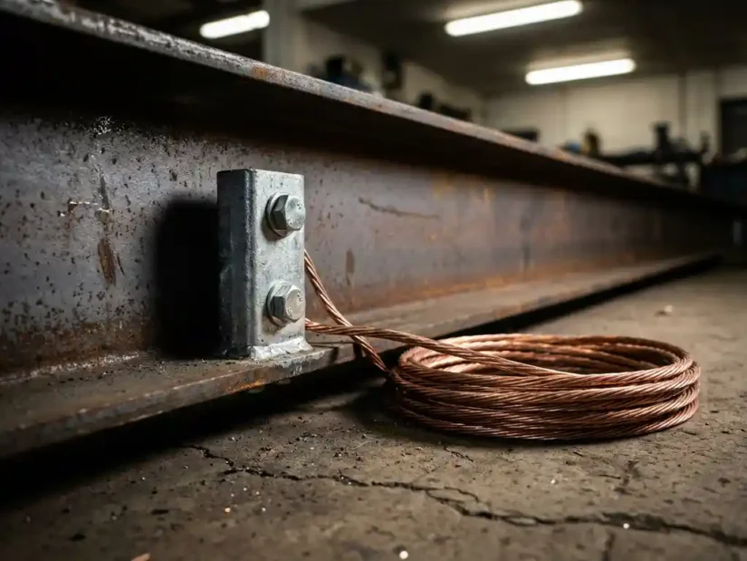 Gegalvaniseerde aardingsklem op stalen industriële balk met koperen aardingskabel op betonnen fabrieksvloer.