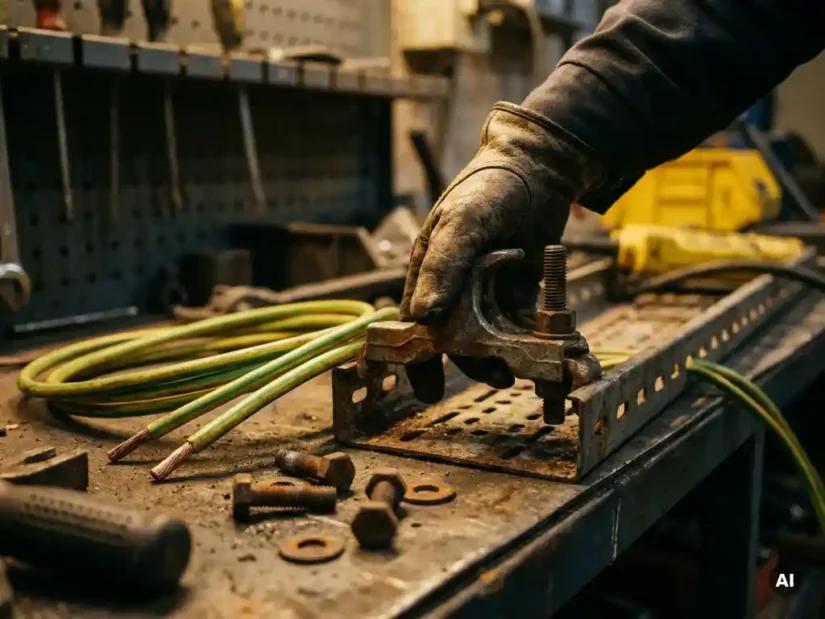 Elektricien bevestigt aardklem op stalen kabelgoot met groen-gele aardingskabels in industriële werkplaats.