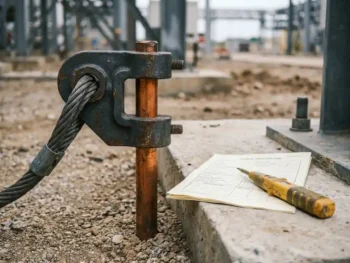 Stalen aardklem op koperen aardingspen in grind, met inspectiedocument en gele spanningzoeker op beton.
