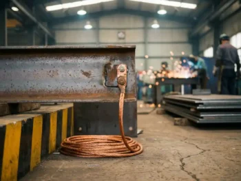 Koperen aardingslug gebout op verweerde stalen constructiebalk met gecoild aardingskabel op betonnen industrievloer.