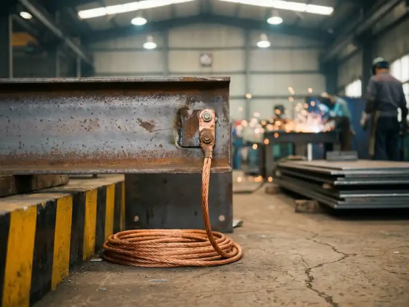 Koperen aardingslug gebout op verweerde stalen constructiebalk met gecoild aardingskabel op betonnen industrievloer.
