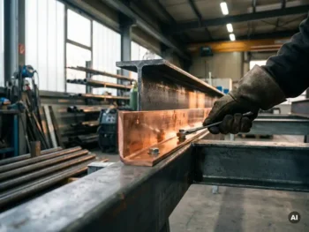 Gehandschoende hand die een koperen aardingsrail bevestigt aan een stalen industriële constructie in een werkplaats.
