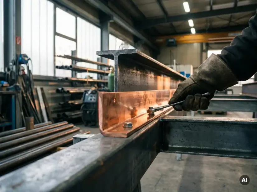 Gehandschoende hand die een koperen aardingsrail bevestigt aan een stalen industriële constructie in een werkplaats.