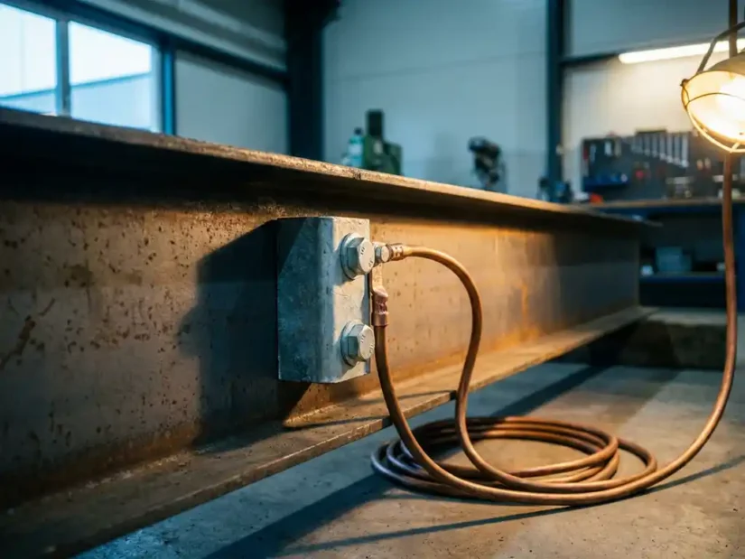 Stalen aardingsklem op constructiebalk met koperen aardingskabel, scherpe belichting benadrukt metaalstructuur en boutdetails.