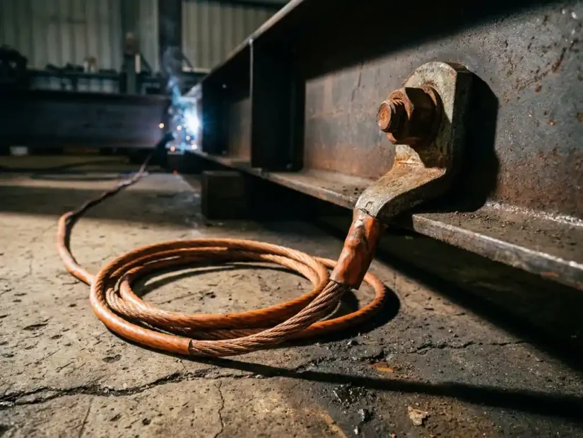 Stalen aardingslip gebout op industriële metalen balk, koperen aardingskabel op betonvloer, elektrische vlamboog zichtbaar op niet-geaard verbindingspunt.