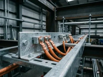 Gegalvaniseerde aardingsrail met dikke koperen aardingskabels op stalen kabelgoot in industriële omgeving.