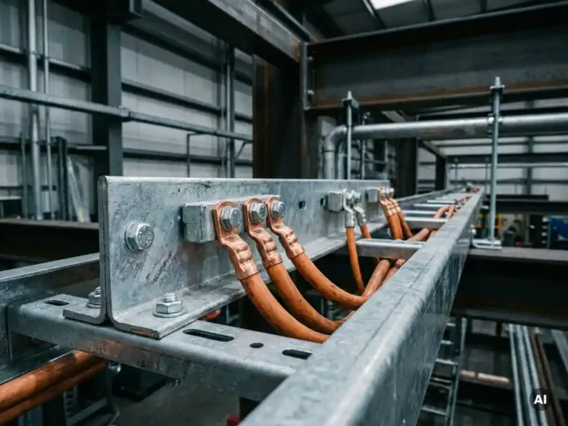 Gegalvaniseerde aardingsrail met dikke koperen aardingskabels op stalen kabelgoot in industriële omgeving.