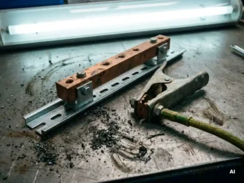 Koperen aardingsrail op stalen DIN-rail naast een aardklem met groen-gele aardingskabel op metalen werkoppervlak.