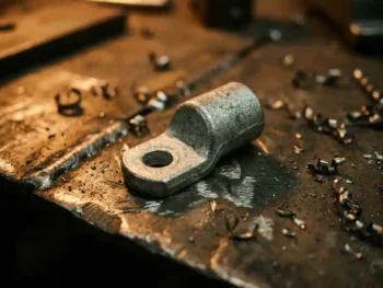 Gegalvaniseerde stalen aardingsklem op industrieel metaaloppervlak met lasmarkeringen en staalspanen in werkplaatsomgeving.