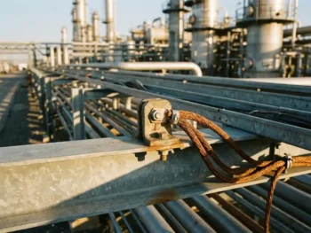 Stalen aardingslug op industrieel pijpenrek met dikke koperen verbindingskabels in petrochemische installatie.