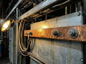 Koperen aardingsrail met boutverbindingen op stalen industrieel paneel, omgeven door kabelgoten in een fabrieksomgeving.