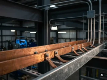 Koperen aardingsrail op stalen kabelgoot met zware aardingskabels, omgeven door staalconstructies en leidingen in industriële installatie.