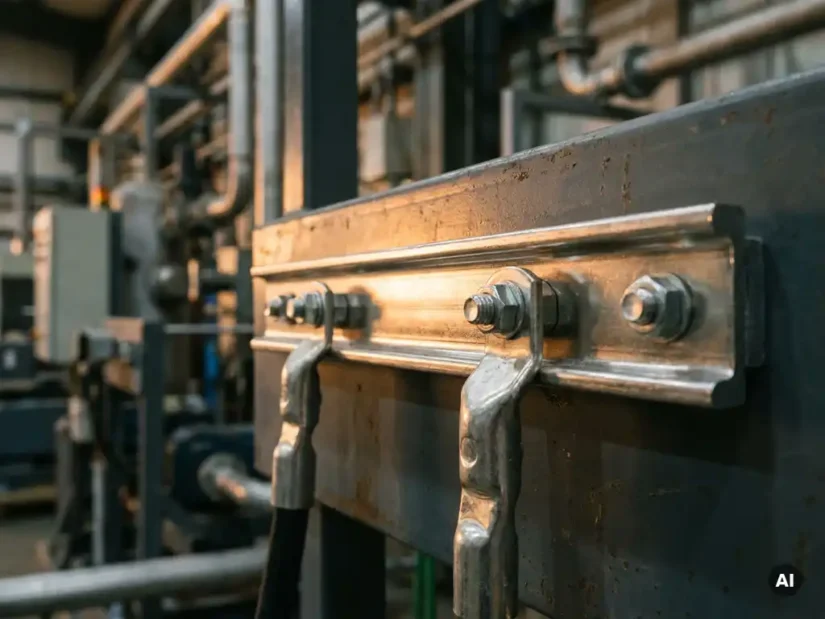 Tin-gecoate koperen aardingsrail op stalen industrieel paneel met zware bouten en kabelschoenen in werkplaatsverlichting.
