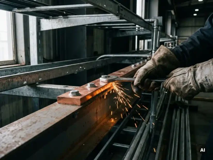 Geaarde koperen aardingsrail bevestigd aan staalconstructie, monteur draait bout vast met sleutel in industriële fabriek.