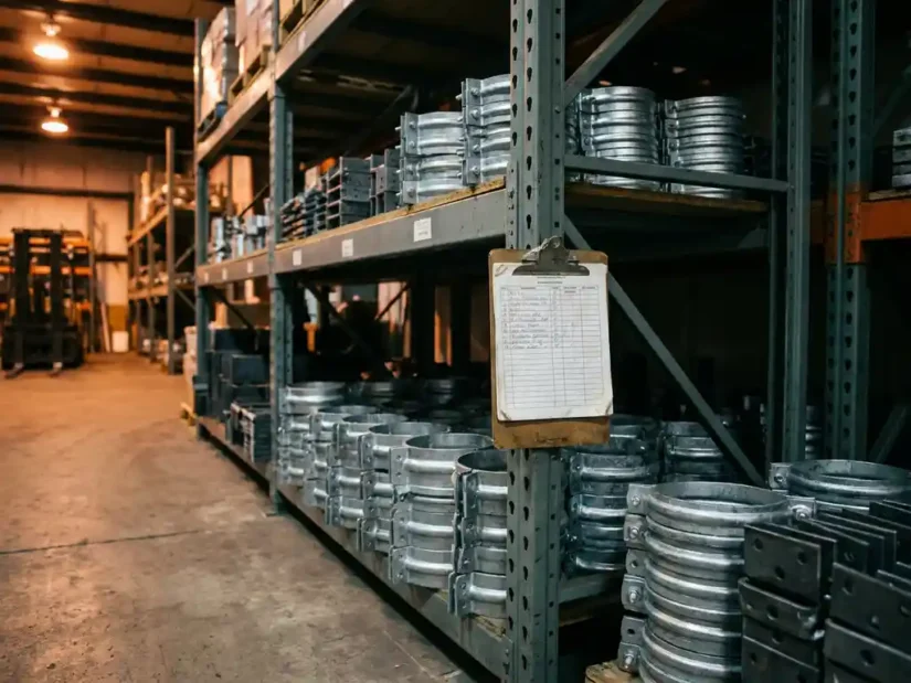 Industriële pijpklemmen en beugels op stalen magazijnstelling met clipboard en checklist, verlicht door warm amber licht.