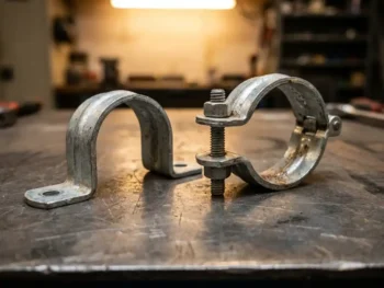 Gegalvaniseerde halve en volledige buisklemmen naast elkaar op een verweerd stalen werkoppervlak met zichtbare boutgaten.