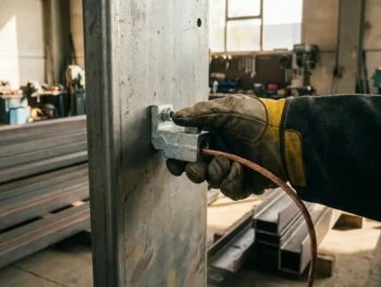 Gehandschoende hand houdt een verzinkte aardklem vast op stalen industrieel paneel met koperen aardingsdraad.