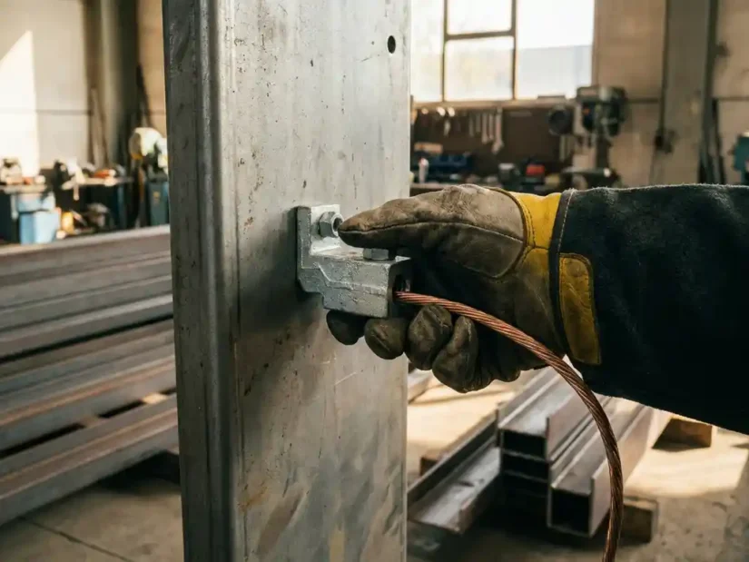 Gehandschoende hand houdt een verzinkte aardklem vast op stalen industrieel paneel met koperen aardingsdraad.