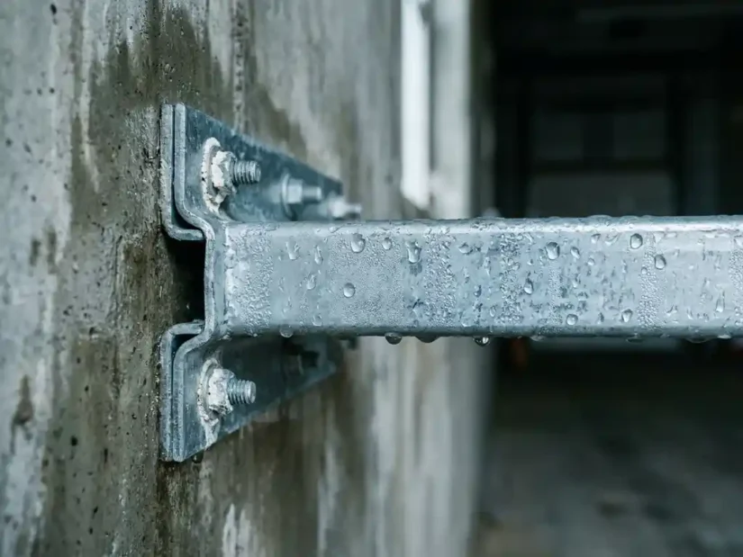 Gegalvaniseerd unistrut-kanaal op vochtige betonnen industriemuur met mineraalafzettingen bij boutverbindingen.