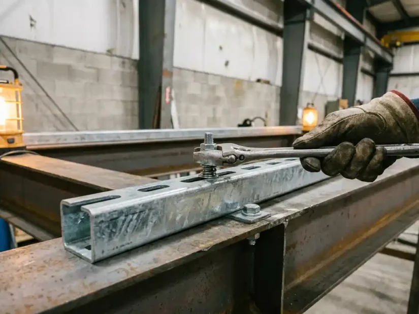 Gegalvaniseerde unistrut kanaalprofiel met bout en veermoer die worden vastgedraaid in een industriële staalconstructie.
