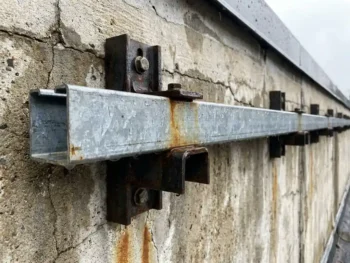 Gegalvaniseerd unistrut-kanaal op verweerde betonnen buitenmuur met stalen beugels, patina en roestaccenten in diffuus daglicht.