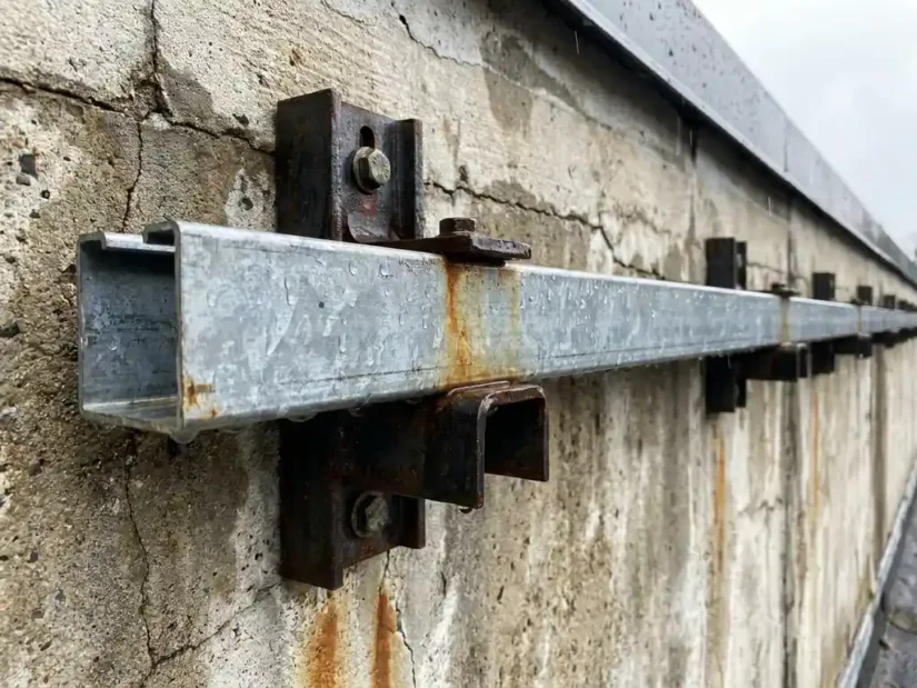 Gegalvaniseerd unistrut-kanaal op verweerde betonnen buitenmuur met stalen beugels, patina en roestaccenten in diffuus daglicht.