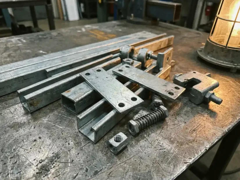 Galvaniseerde unistrut kanaalsecties met verbindingsplaten, balkklemmen en kanaalmoeren op een versleten stalen werkoppervlak.