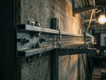 Gegalvaniseerde unistrut kanaalgeleider op betonnen industriële muur met zichtbare bouten, bevestigingen en stalen kabelgoten.