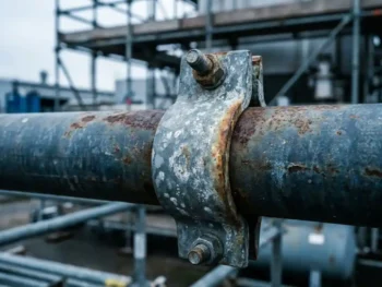 Gegalvaniseerde pijpklem met zinkpatina op verweerde stalen buis, industriële buitenomgeving met steigers op de achtergrond.