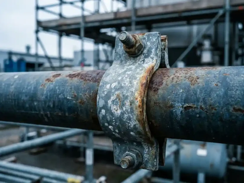 Gegalvaniseerde pijpklem met zinkpatina op verweerde stalen buis, industriële buitenomgeving met steigers op de achtergrond.