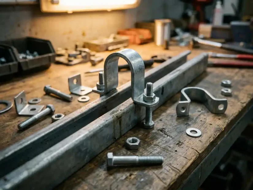 Gegalvaniseerde U-connector geklemd op stalen profielrail, omringd door bouten en metalen fittingen op een industriële werkbank.