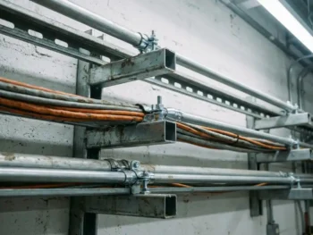 Gegalvaniseerde unistrut kanaalgeleiders op betonnen industriemuur met netjes geroute kabels en leidingbuizen, vastgeklemd met bouten.