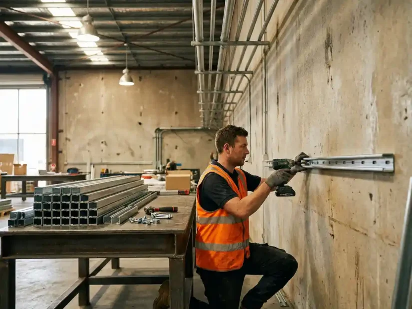 Installateur bevestigt gegalvaniseerde unistrut kanaalgeleider aan betonnen industriemuur in magazijn met zichtbaar plafondleidingwerk.