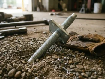 Gegalvaniseerde gronddankeranker met schroefdraad en ankerplaat in aangestampte grindbodem, met metaalspanen en versleten leren werkhandschoen.