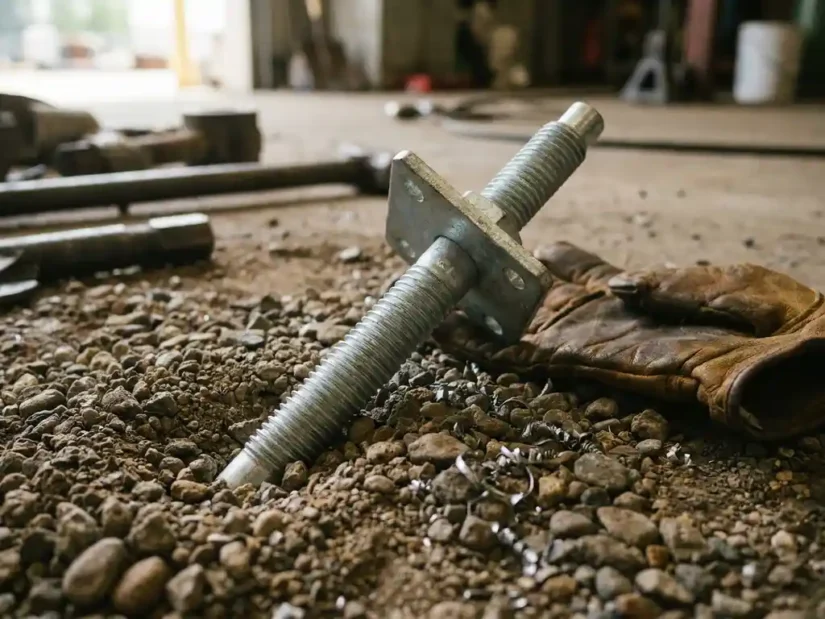 Gegalvaniseerde gronddankeranker met schroefdraad en ankerplaat in aangestampte grindbodem, met metaalspanen en versleten leren werkhandschoen.