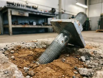 Verzinkte grondanker bout gedeeltelijk in aangestampte grond, met zichtbare schroefdraad en brede ankerplaat omgeven door grind en beton.