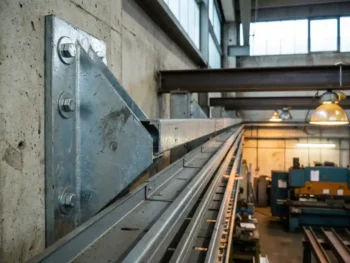 Gegalvaniseerde stalen kabelgootbeugel bevestigd aan betonnen industriële muur, met grijze metalen kabelgoten en zichtbare bouten.