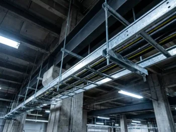 Stalen kabelgoot aan industrieel halplafond bevestigd met U-bouten en draadstangen, dikke elektrische kabels netjes gerangschikt.