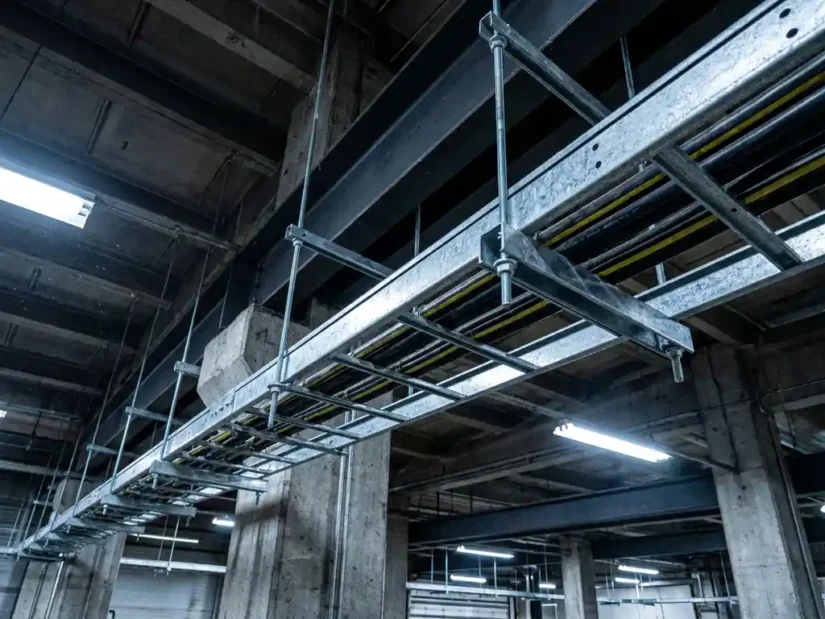 Stalen kabelgoot aan industrieel halplafond bevestigd met U-bouten en draadstangen, dikke elektrische kabels netjes gerangschikt.