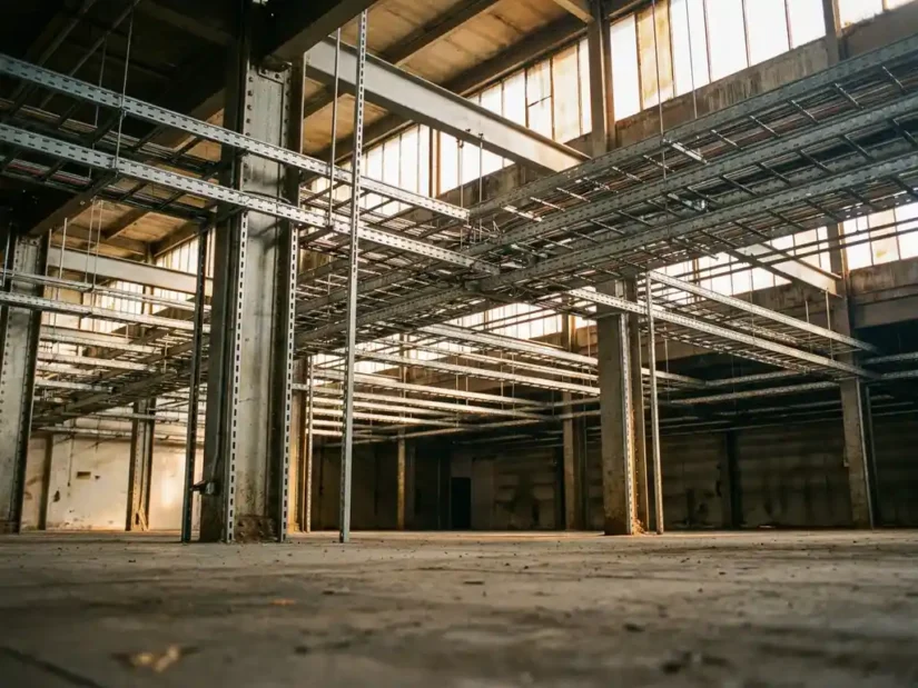 Zilveren unistrut kabelgoten en leidingbanen aan het plafond van een industriële hal, met betonnen vloer en stalen kolommen in warm amberlich.