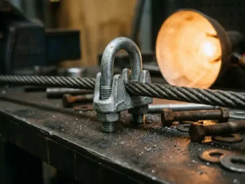 Verzinkte stalen kabelklem om een dikke industriële kabel op een werkoppervlak met metaalvijlsel en bouten.
