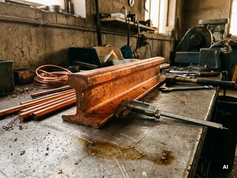 Dikke koperen aardingsrail met roodoranje patina op stalen werkbank, omringd door koperstaven, schuifmaat en metaalvijlsel.