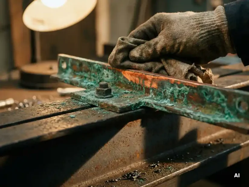 Verweerde koperen aardingsrail wordt gepolijst, groene patina wijkt voor glanzend warm koper op industrieel staaloppervlak.