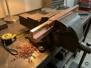 Koperen aardingsrail vastgeklemd in bankschroef, met glanzende zaagsneden, krulspanen en meetlint op stalen werkbank.