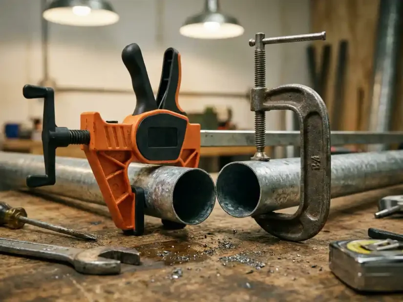 Kunststof en stalen pijpklemmen naast elkaar op een industriële werkbank, beide bevestigd aan gegalvaniseerde buizen, metaalvijlsel zichtbaar.