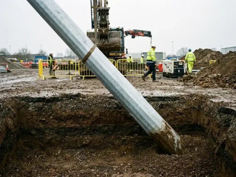 Stalen lichtmast geplaatst in uitgegraven grond, onderste deel zichtbaar onder maaiveld op industriële bouwplaats met grindlagen.