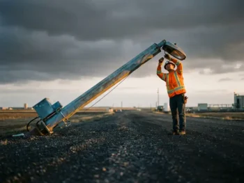 Kantelbare stalen lichtmast onder 45 graden verlaagd boven industrieweg, monteur in veiligheidsvest voert onderhoud uit aan armatuur.
