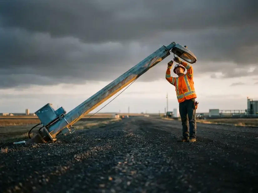 Kantelbare stalen lichtmast onder 45 graden verlaagd boven industrieweg, monteur in veiligheidsvest voert onderhoud uit aan armatuur.