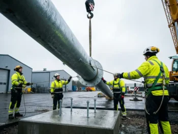 Galvaniseerde stalen lichtmast die door een kraan op een betonnen fundering wordt geplaatst, met ankerbouten en bouwvakkers in veiligheidskleding.