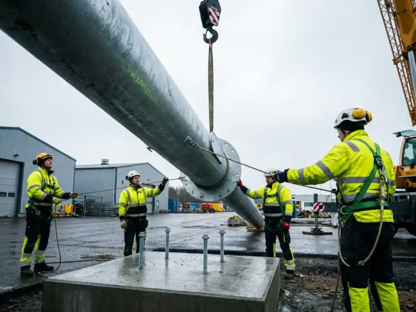 Galvaniseerde stalen lichtmast die door een kraan op een betonnen fundering wordt geplaatst, met ankerbouten en bouwvakkers in veiligheidskleding.